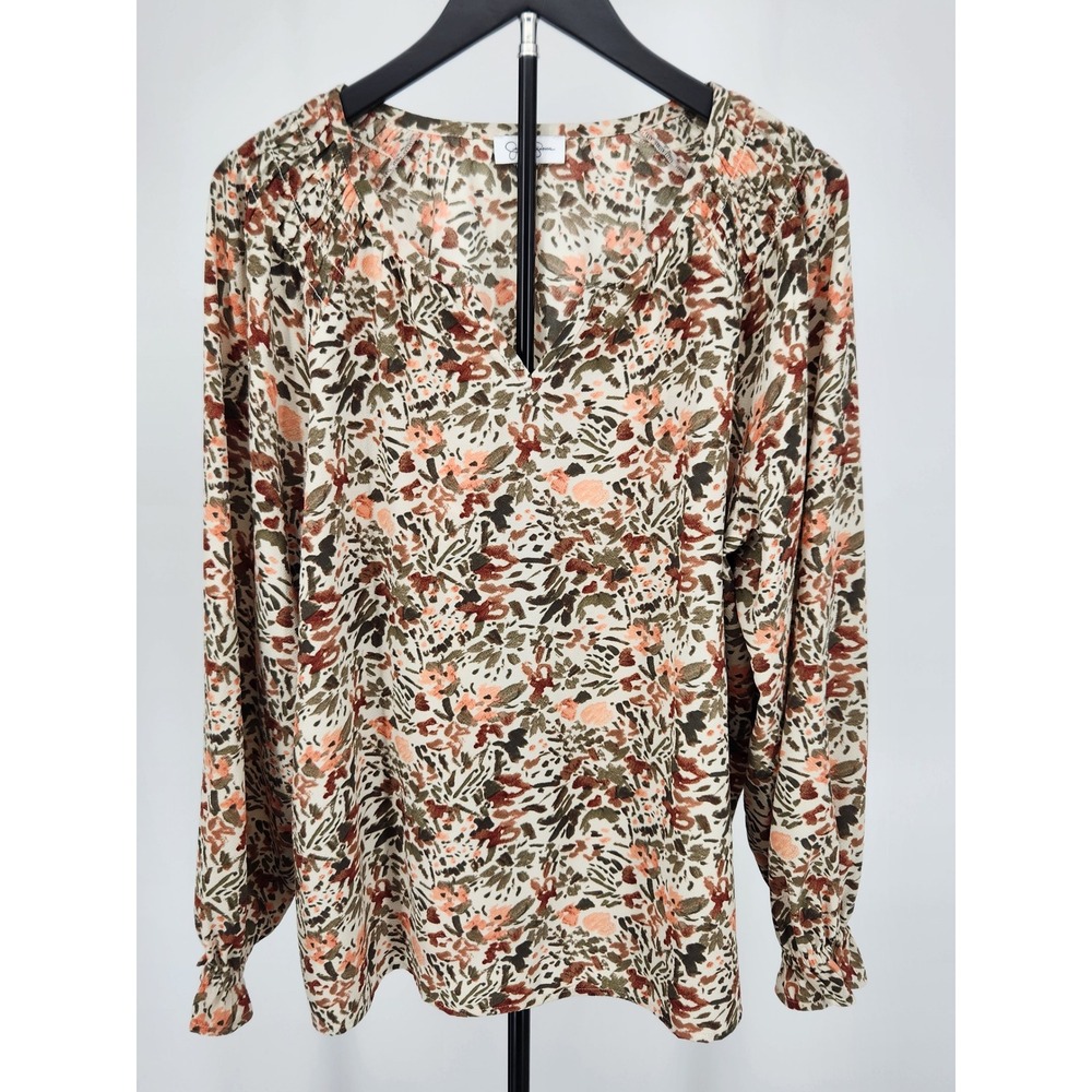 Jessica Simpson Womens XL Floral V-Neck Blouse Long Slve Smocked Cuff Top Olive